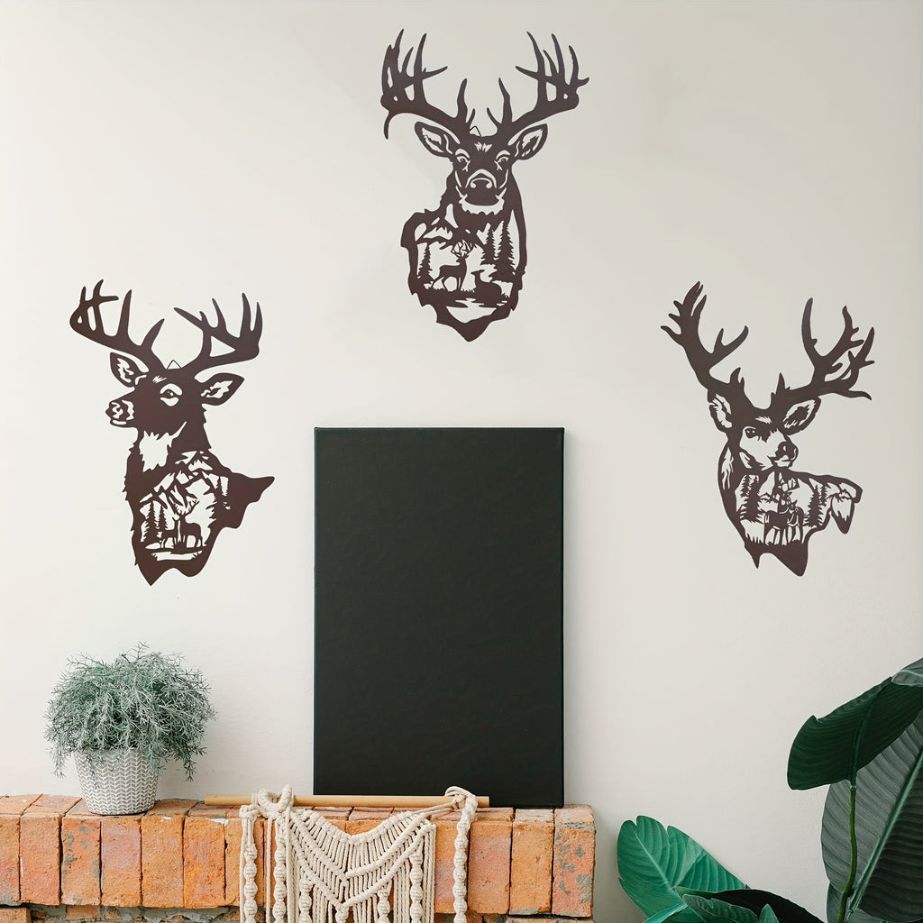 Set Of 3pcs, 17 Inch Large Metal Deer Wall Art Decor, Rustic Cabin Decor, Hunting Decor For Home Bathroom Bedroom Lodge, Deer In The Forest Pine Tree