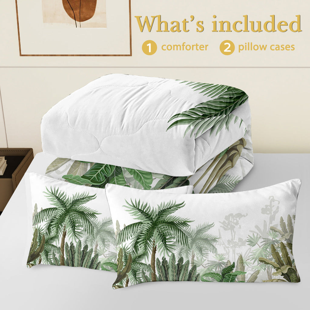 3pcs Tropical Botanical Comforter Set, Quilted Polyester Bedding with 2 Pillowcases, All-Season Breathable & Lightweight, Machine Washable, Digital Print, Stain Resistant