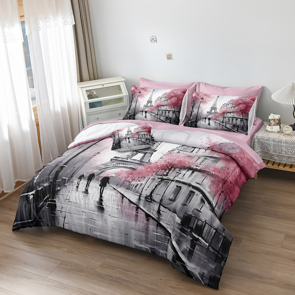 France Paris Comforter Set 8 Pcs Eiffel Tower Bedding Set Extra Soft Cozy Bed In A Bag Pink Cherry Blossom Floral Decorative Bedding Comforter Modern City French Bed Set For All Sezon