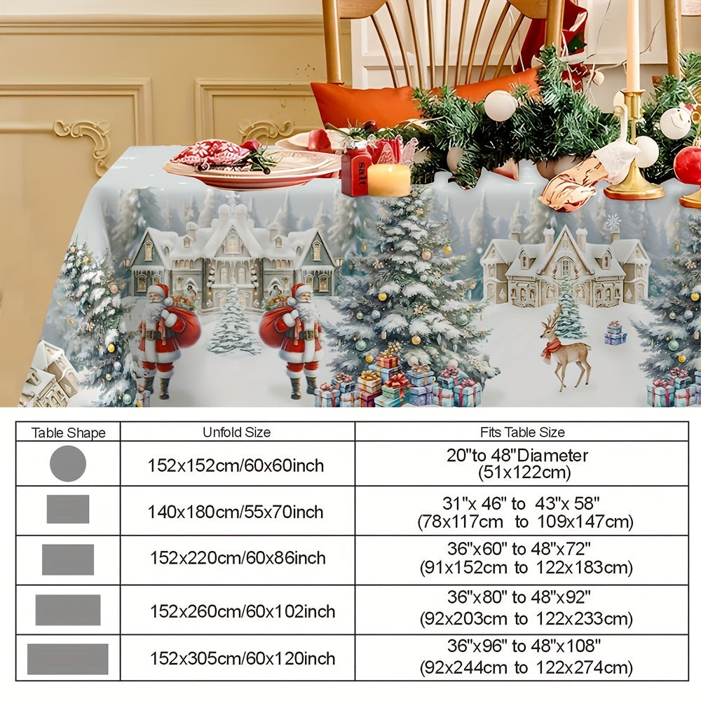 Christmas Holiday Tablecloth with Santa and Gift Tree Print - Polyester Rectangular Table Cover, Waterproof, Stain & Wrinkle Resistant, Machine-Washable for Indoor & Outdoor Use, Festive Dining Decor