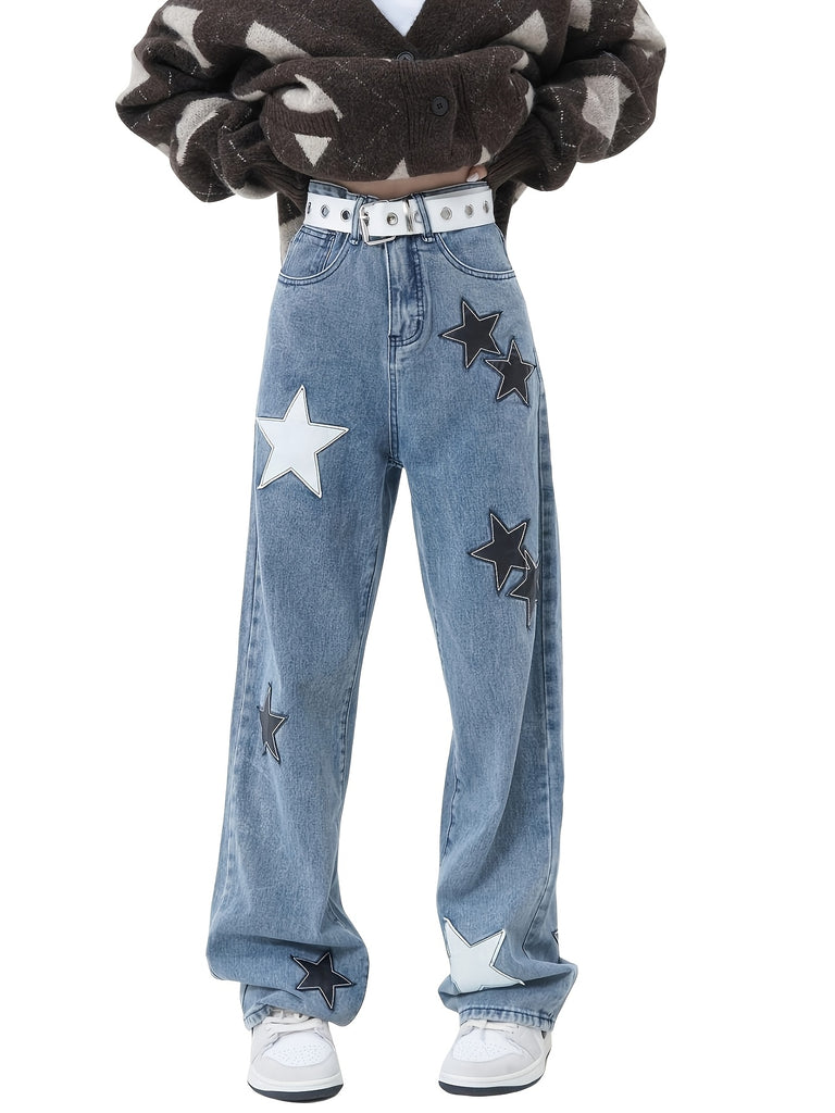 Y2K-Inspired Star Pattern Baggy Jeans for Women & Teens - Low Rise, Vintage Aesthetic Streetwear Denim Pants with Stretch, Machine Washable