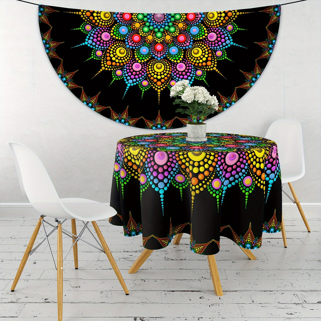 Vibrant Polka Dot Mandala Tablecloth - 63" Round Polyester Table Cover, Machine Woven with Waterproof Weave, Artistic Tapestry Wall Hanging for Indoor Dining, BBQ & Picnic - Psychedelic Colorful Design