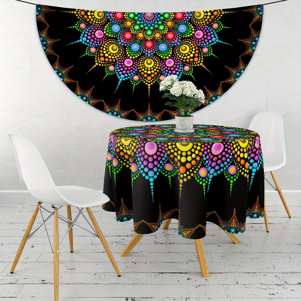 Vibrant Polka Dot Mandala Tablecloth - 63" Round Polyester Table Cover, Machine Woven with Waterproof Weave, Artistic Tapestry Wall Hanging for Indoor Dining, BBQ & Picnic - Psychedelic Colorful Design