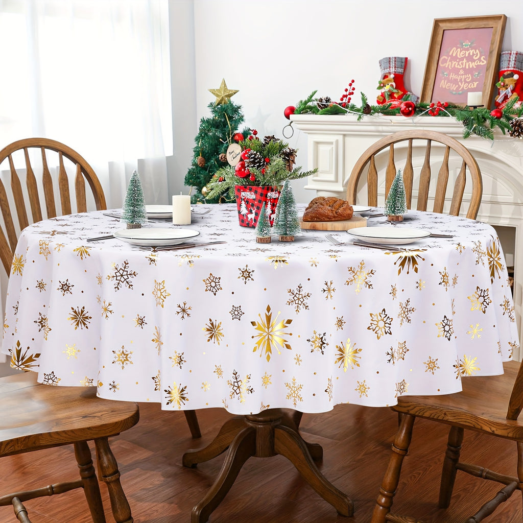 Christmas Tablecloth, Gold Foil Print Snowflake Christmas Table Cloth Square Rectangle Round Table, Waterproof Wrinkle Resistant White Tablecloths Washable, Christmas Decorations, Gifts