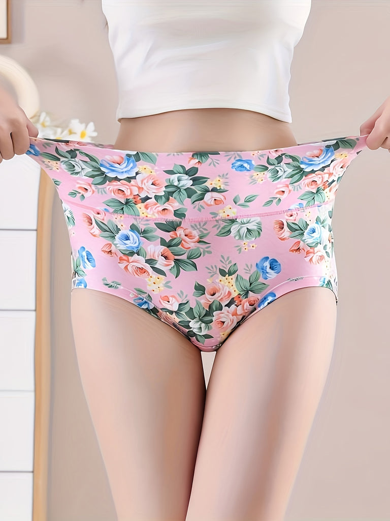 4pcs Seamless High Waist Tummy Control Briefs, Sexy Comfy Breathable Floral Print Stretchy Intimates Panties for Women