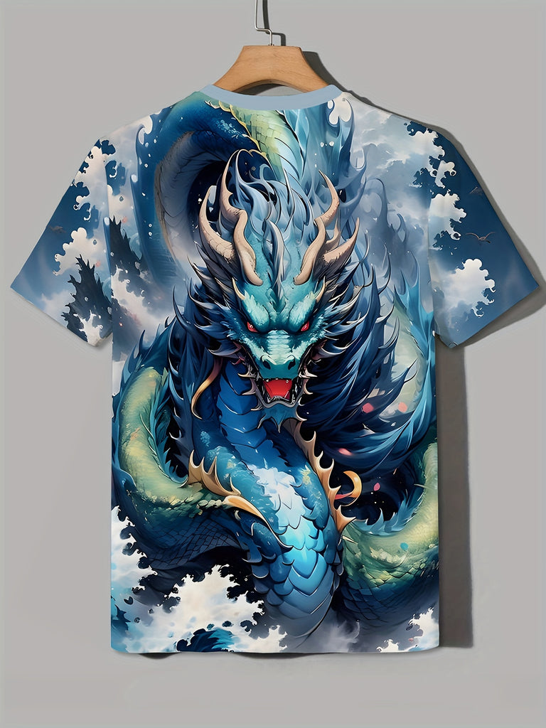 Men's eye-catching dragon pattern printed T-shirt - lightweight short sleeved round neck, perfect choice for outdoor exploration and daily style