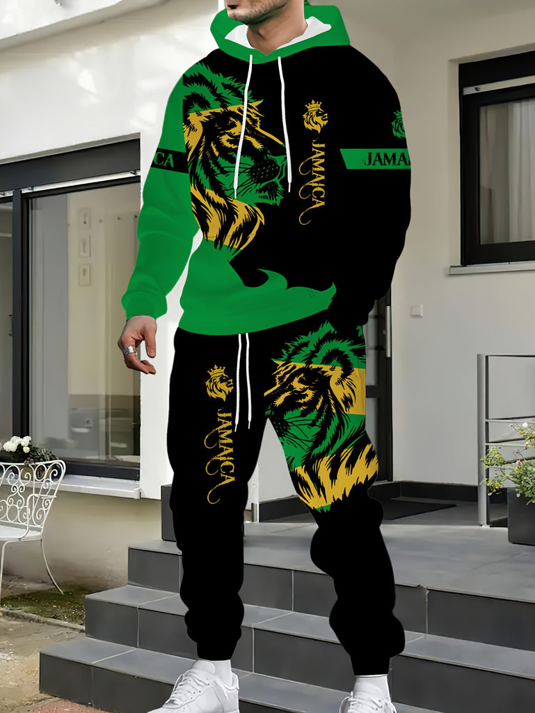 Men's Lion Print Hoodie & Joggers Set - Casual Polyester Outfit for Fall/Winter, Machine Washable