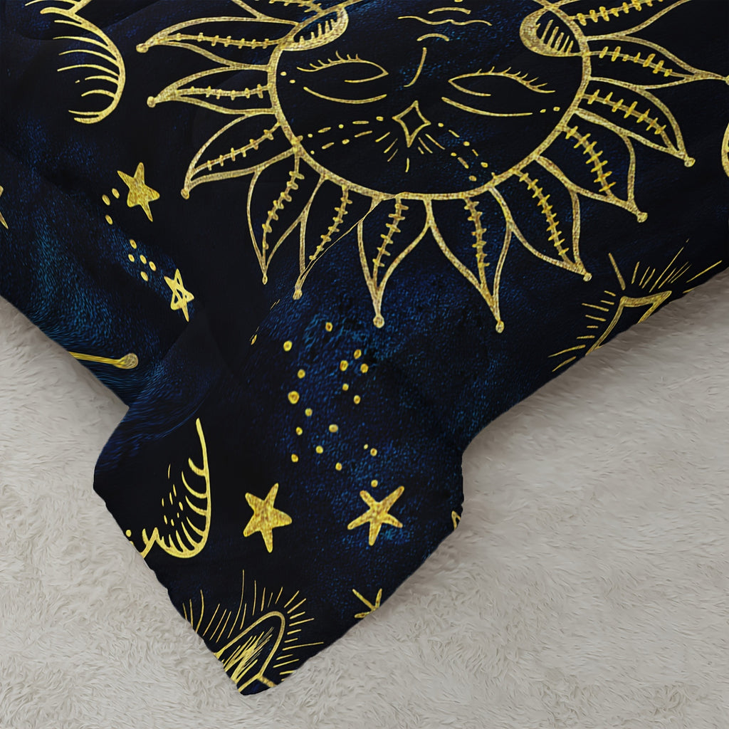 Sun and Moon Comforter Set, Starry Sky Celestial Star Bedding Set, Blue Golden Bohemian Gothic Comforter Set