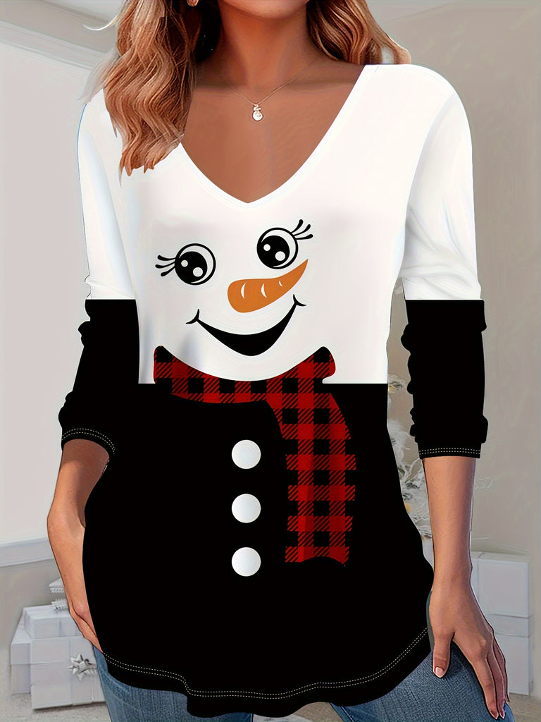 snowman shirt - Snowman Print Long Sleeve T-shirt - V Neck, Casual - Spring & Fall - Women - Cozy & Stylish - Winter Wonderland Vibes