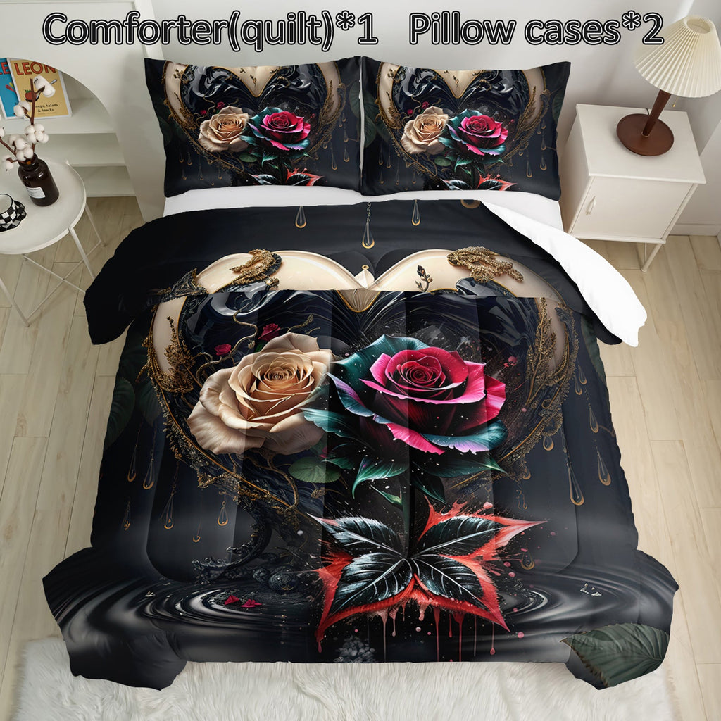 Colorful Rose Comforter Set, Floral Theme Bedding Set, Soft Polyester, 3pcs (1 Comforter and 2 Pillowcases)