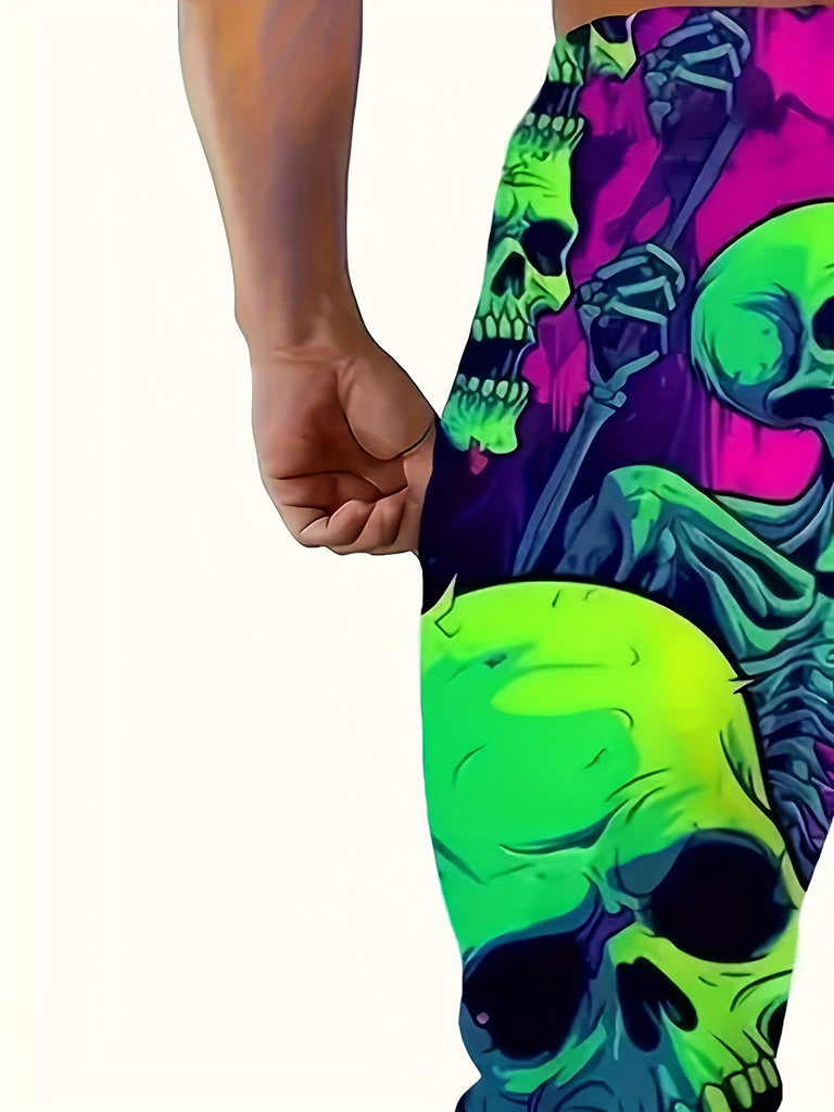 Plus Size Men's Allover Psychedelic Skull Graphic Drawstring Jogger Pants, Elastic Waist Pants Outdoor Activities Trousers