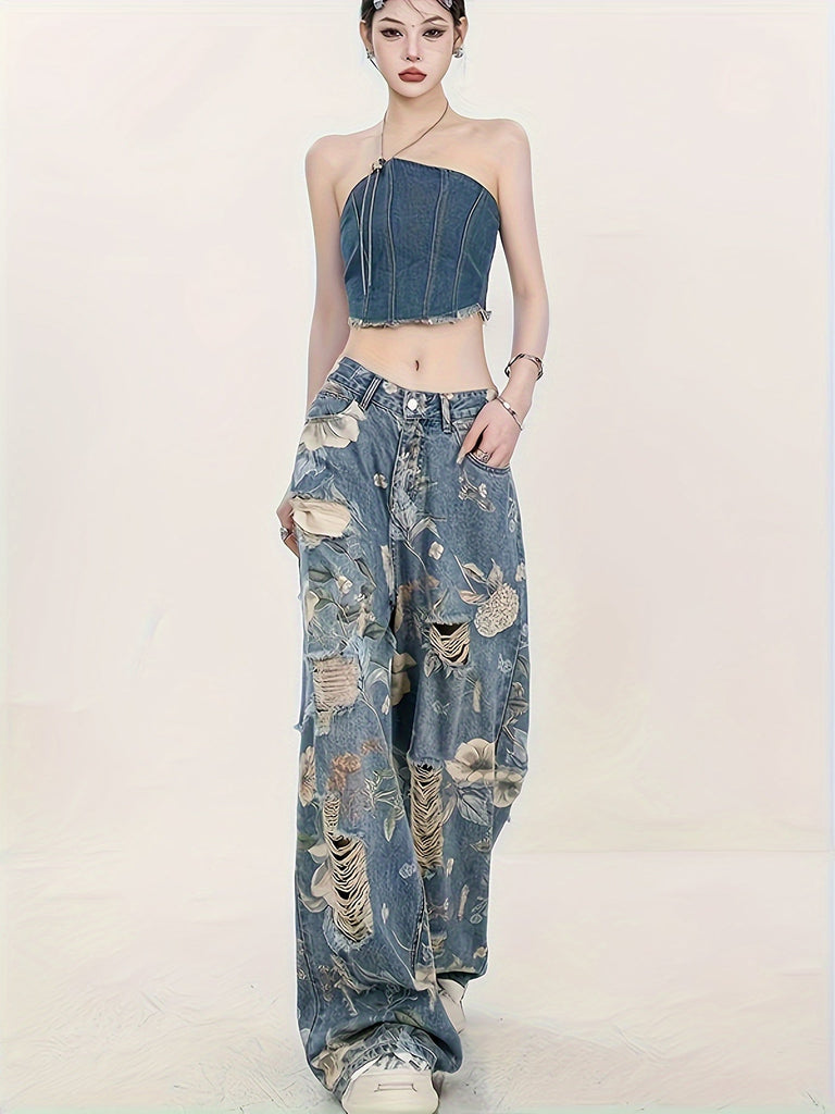 Vintage-Inspired High-Waist Wide-Leg Jeans for Women - Classic Retro Print, Cotton Blend, Machine Washable, High-end Fashion Brand