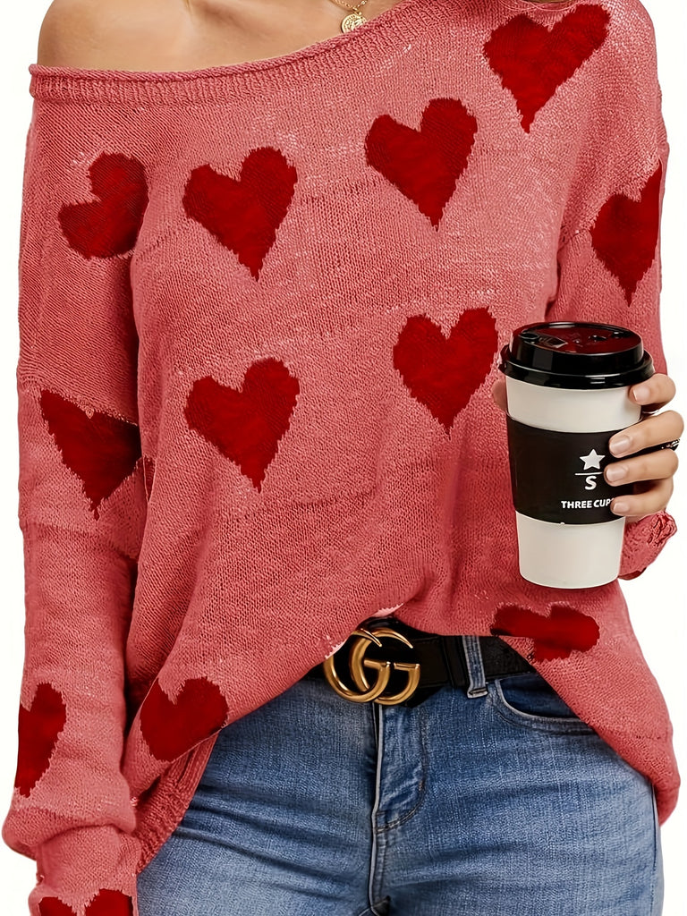 Women Off Shoulder Knitted Pullovers Sweater Loose Long Sleeve Hearts Printed Ripped Tops