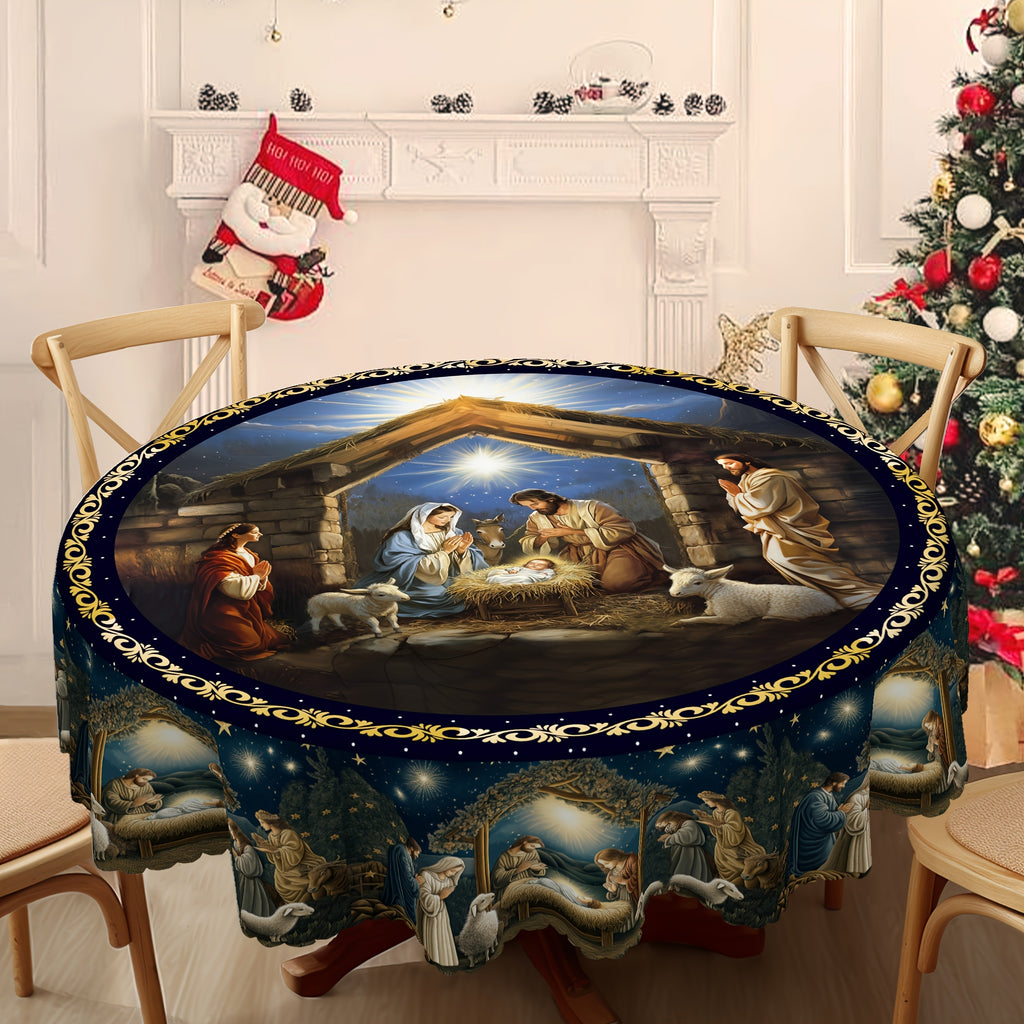 Festive Christmas Tablecloth: The Birth of Jesus Design, Polyester, Waterproof, Wrinkle Resistant, Machine Washable, Scalloped Edge, Suitable for Xmas Party, Picnic, Cafe, Home