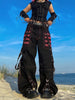 Women's Y2K Gothic Punk Flared Jeans - Loose Fit, Wide Leg Denim with Geometric Pattern, Street Style Hip-Hop Cargo Pants