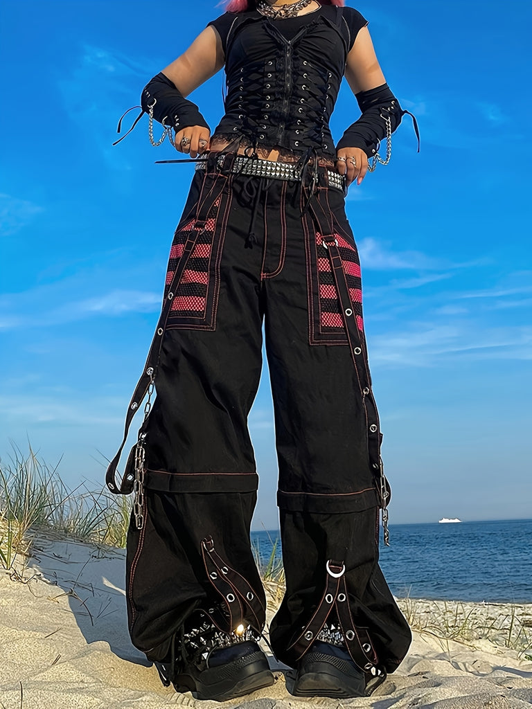 Women's Y2K Gothic Punk Flared Jeans - Loose Fit, Wide Leg Denim with Geometric Pattern, Street Style Hip-Hop Cargo Pants