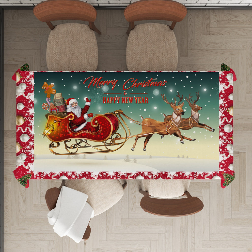 1pc Santa Claus And Reindeer Pattern Christmas Theme Polyester Tablecloth, Waterproof, Oil-Repellent, Stain-Repellent, Washable Table Cover, Decorative Rectangular Tablecloth for Restaurants, Christmas Parties, Outdoor Picnics