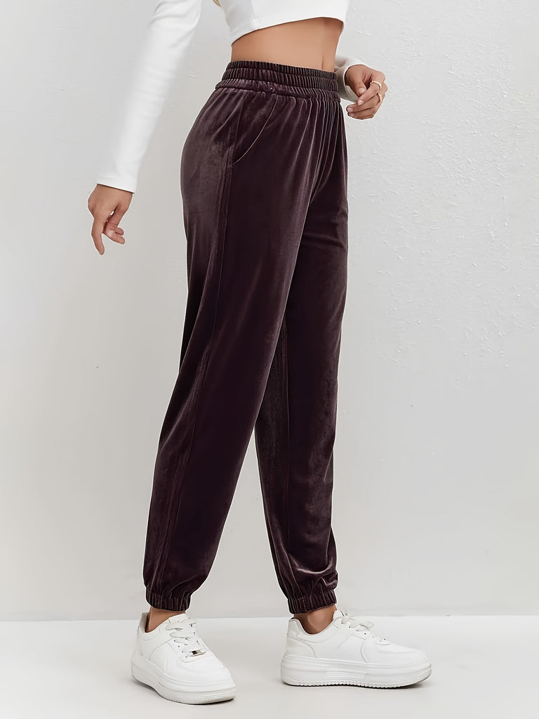 Elegant Polyester Blend Velvet Jogger Pants with Elastic Waist and Side Slits for Spring/Fall, Solid Color Long Knit Fabric Casual Trousers for Adults