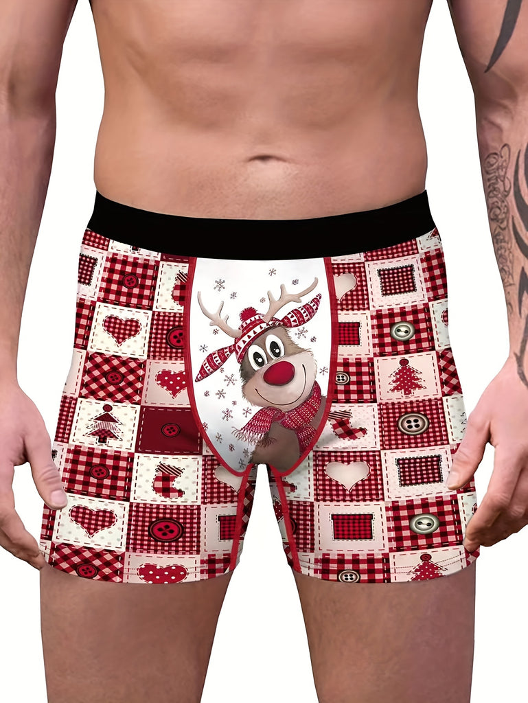 Men's Christmas Themed Reindeer Print Boxer Briefs - Comfortable Polyester Knit Fabric, Medium Stretch, Festive Holiday Underwear