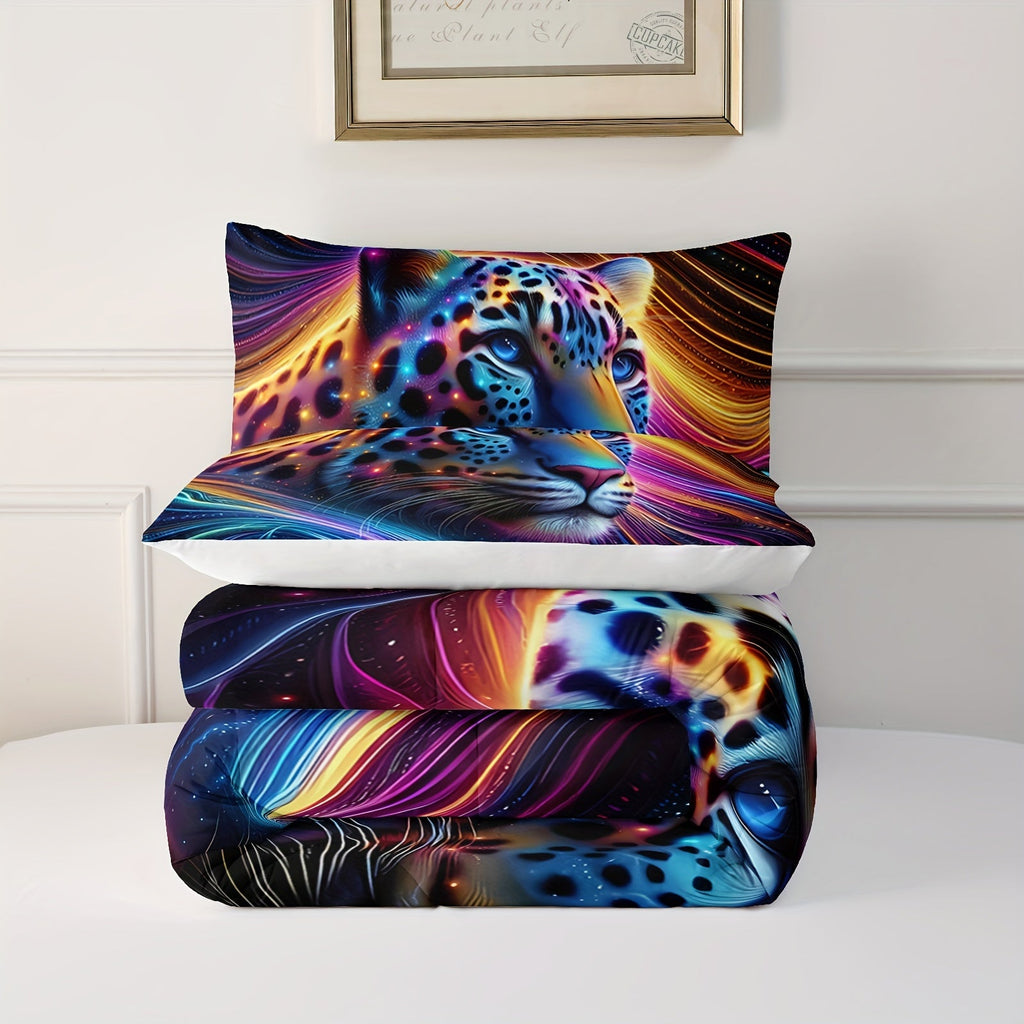 Leopard Comforter Set Rainbow Comforter, Cheetah Printed Bedding Set, Colorful Animal Duvet Set With 1 Comforter And 2 Pillowcases
