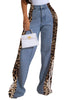 Women's High-Waisted Denim Wide-Leg Pants with Leopard Print And Stripe Side Panels