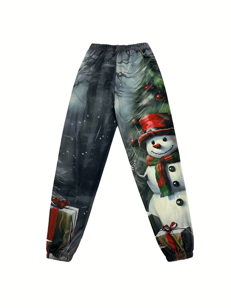 Women's Cozy Cartoon Snowman Print Joggers - Casual Elastic Waist, Long Length Pants for Fall/Winter