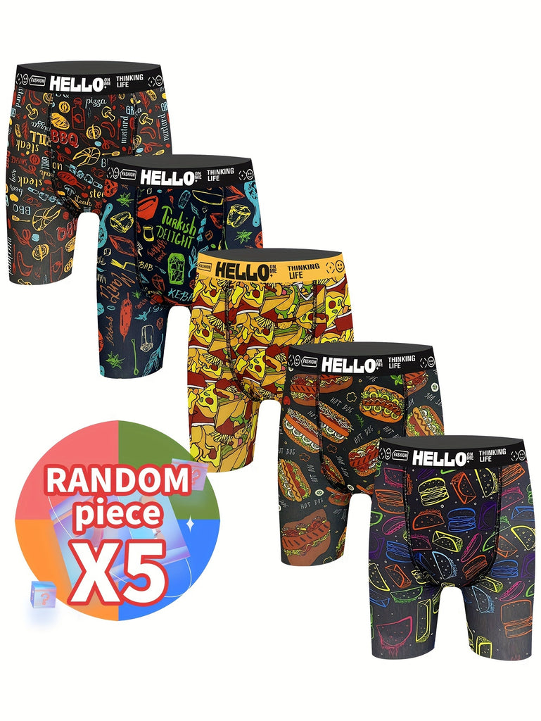 3/5pcs random, creative food graffiti printing, long boxer shorts, breathable, comfortable and high elastic, long boxer swimwear, sports shorts, Men's novel underwear