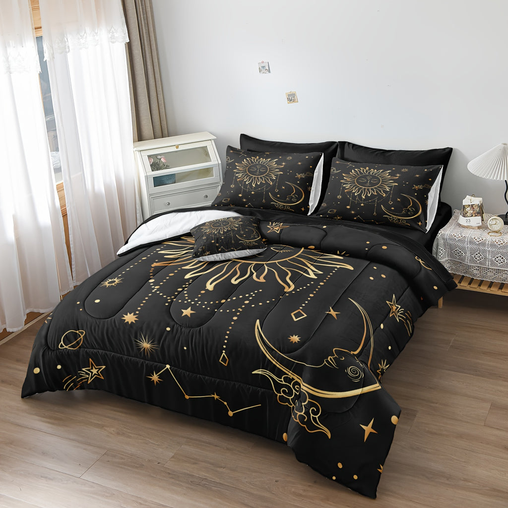 Black And Golden Comforter Set 8 Pieces Sun And Moon Bed In A Bag Queen Size Bohemian Bedding Set Mandala Comforter Set 100% Soft Microfiber 200G Microfiber Fillings Comforter Set With Sheet Set For All Season