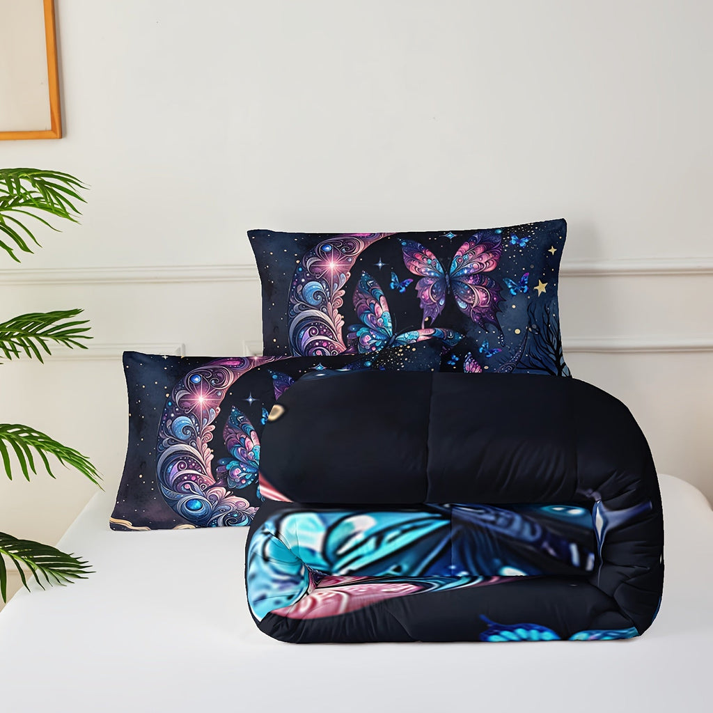 Butterfly Comforter Set Moon Printed Bedding Night Sky Galaxy Comforter 3 Piece Set (1 Bed Comforter + 2 Pillow Cases), Comforter For All Seasons, Soft Comfortable And Breathable Printed Bedding For Home Dorm Decoration