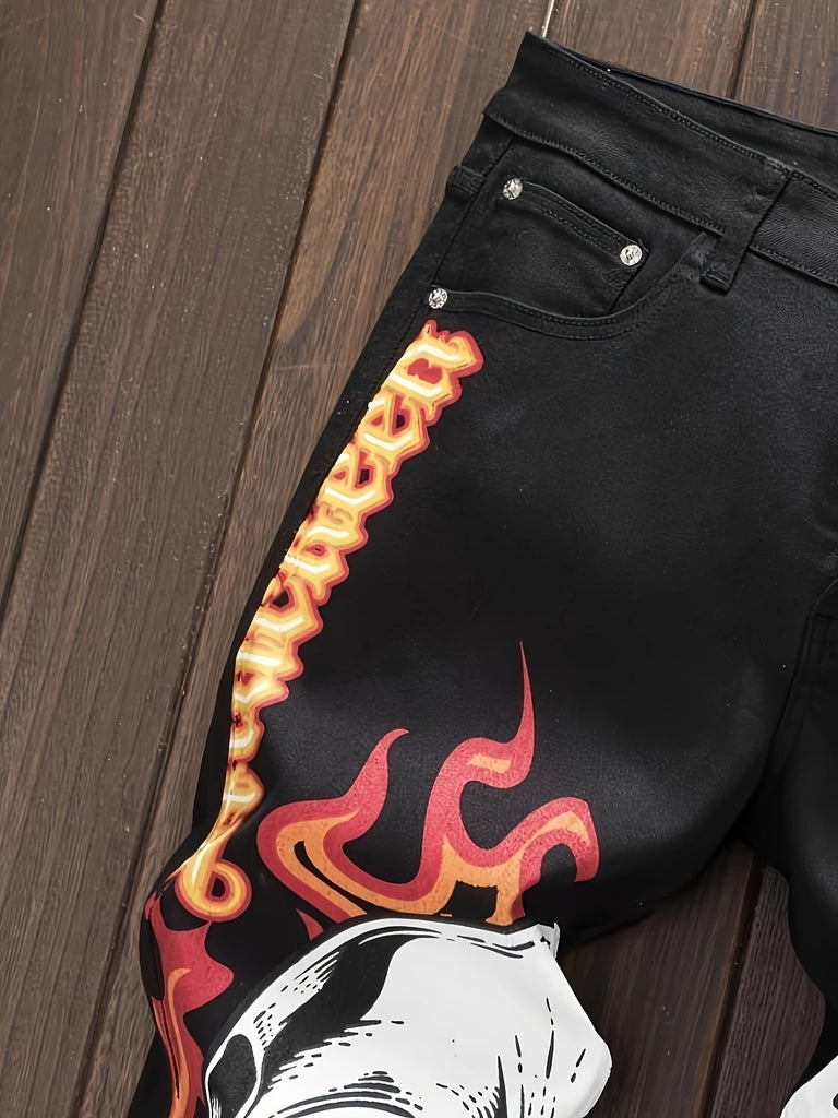 Men'S Flame Print Skinny Jeans, 55% Cotton Denim with Slight Stretch, All-Season Regular Fit, Washed Striped Pattern, Woven Polyester-Rayon-Spandex Blend