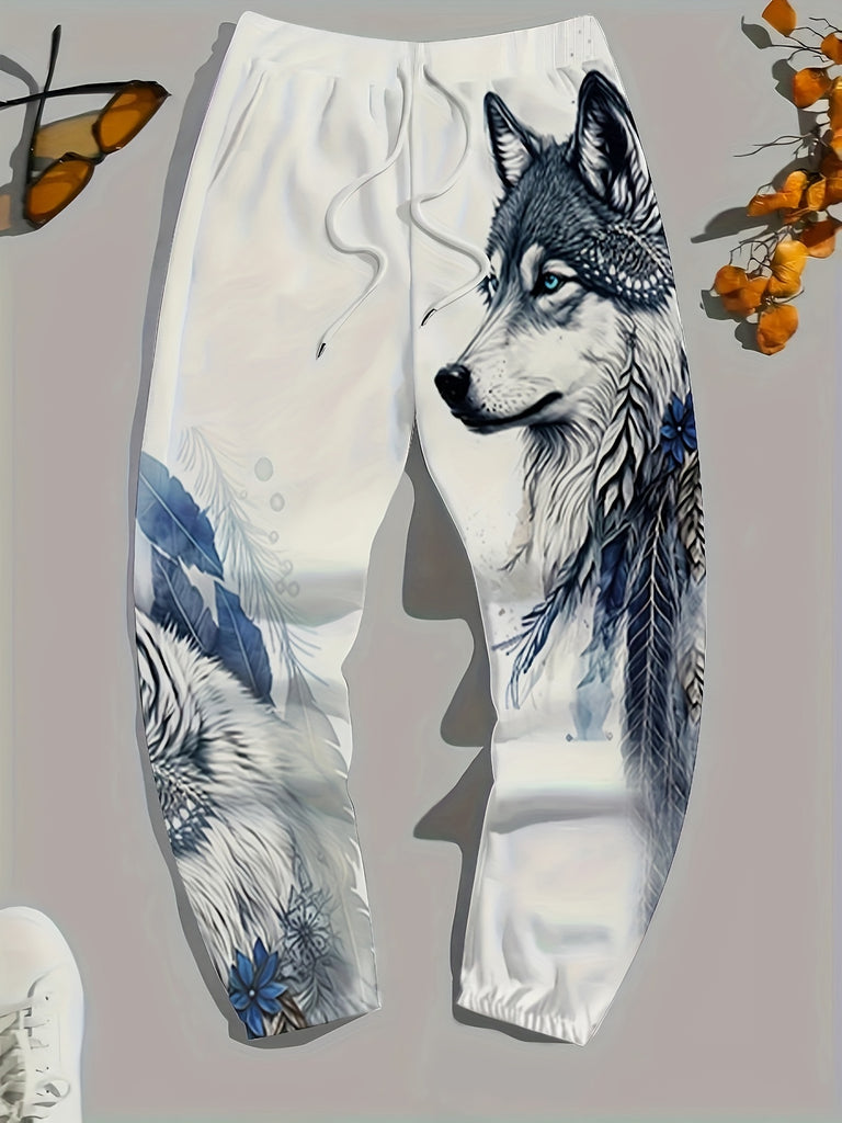 Men's Wolf Graphic Jogger Pants With Drawstrings, Casual Comfy Breathable Trousers For Spring And Autumn