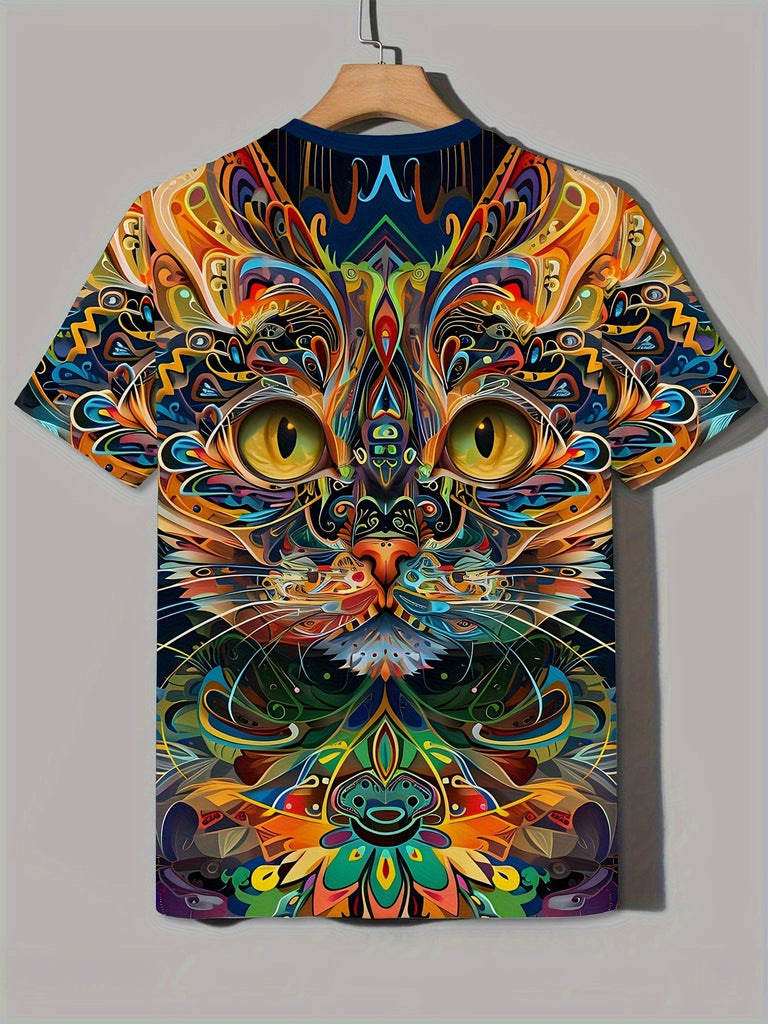 Men's eye-catching and colorful cat print T-shirt - lightweight short sleeved round neck, perfect for outdoor exploration and daily style