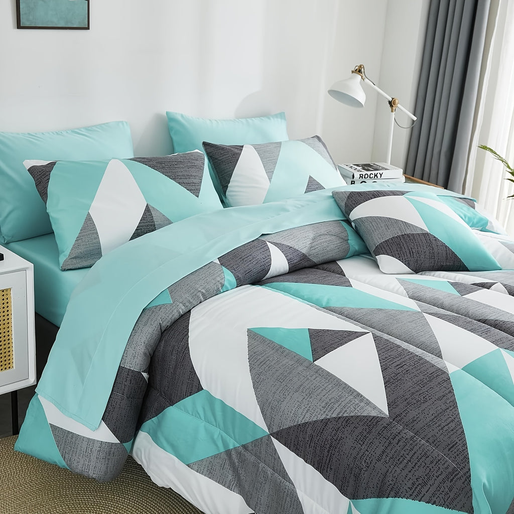 8 Pieces Teal Comforter Set Queen Size Bed In A Bag Set Geometric Bedding Quilt Set Luxury Chevron Printed Teal And Grey Bedding Down Alternative Comforter Soft Microfiber Turquoise Comforter With 200g Microfiber Filling Lightweight For All Seasons