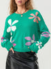 Women's Casual Floral Print Sweaters Long Sleeve Crew Neckline Drop Shoulder Loose Knit Pullover Tops