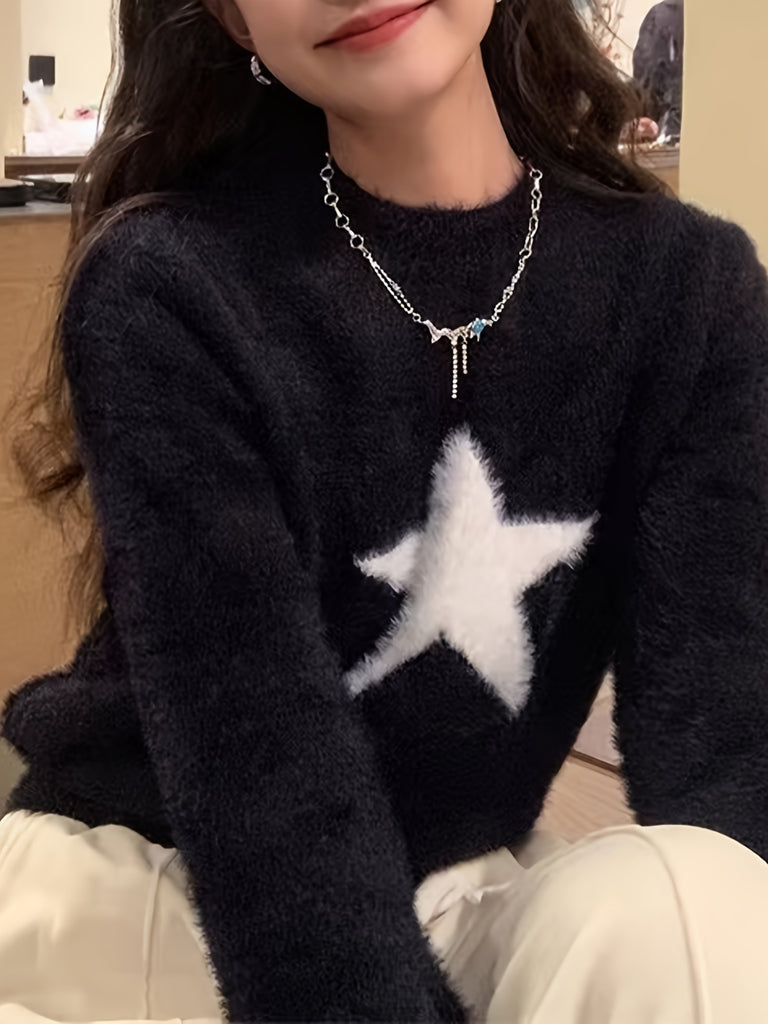 Star Pattern Crew Neck Knitted Sweater, Casual Long Sleeve Pullover Sweater For Fall & Winter, Women's Clothing