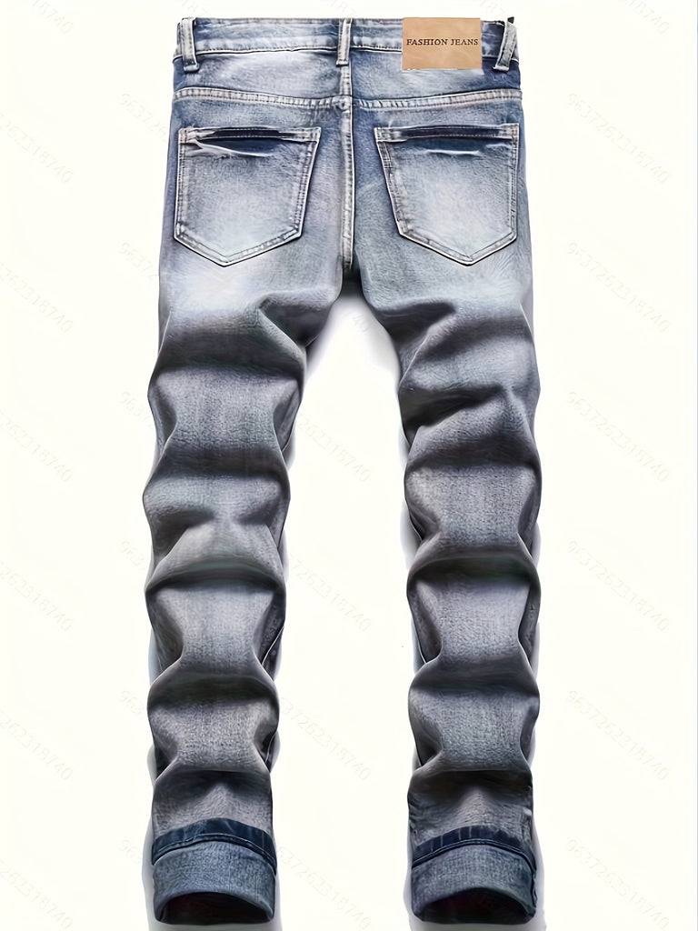 Men's Vintage-Inspired Slim Fit Stretch Jeans with Unique Cat Whisker Print - Casual, Machine Washable Denim Pants for All Seasons