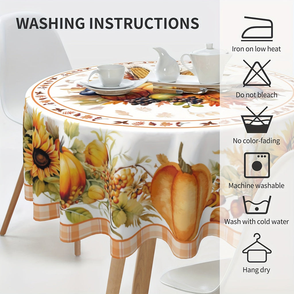 Thanksgiving Harvest Pumpkin and Sunflower Polyester Round Tablecloth - Machine Woven, Durable Polyester100% for Holiday Dining, Kitchen, Picnic, and Farmhouse Decor - Fits 4-6 Seats