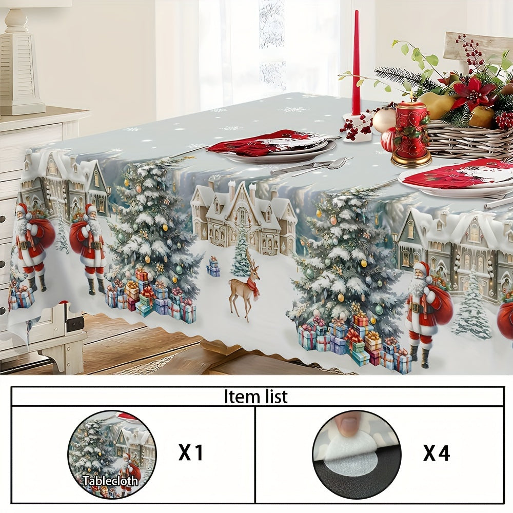 Christmas Holiday Tablecloth with Santa and Gift Tree Print - Polyester Rectangular Table Cover, Waterproof, Stain & Wrinkle Resistant, Machine-Washable for Indoor & Outdoor Use, Festive Dining Decor