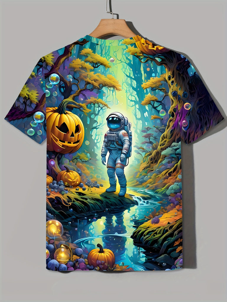 Men's Astronaut and Pumpkin Pattern Printed T-shirt - Lightweight Short sleeved Round Neck, Perfect for Outdoor Adventure and Daily Style