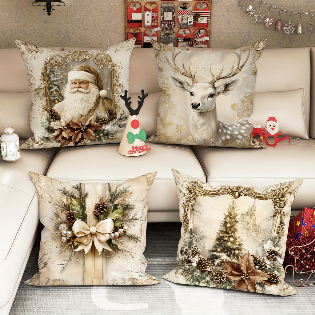 Santa pillow covers - Velvet Christmas Santa Deer Tree Throw Pillow Covers - Vintage Golden White - Deck Your Halls in Cozy Cheer