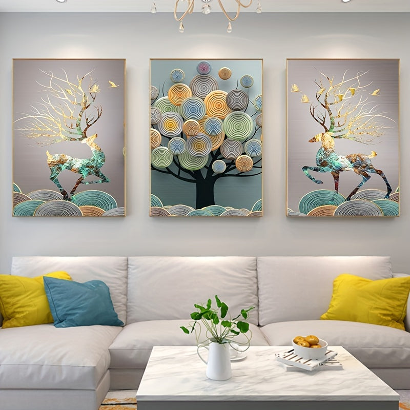 3pcs Golden Frameless Abstract Chinese Feng Shui Rich Tree Wall Art Canvas Painting, 15.7*23.6in, No Frame, Art For Living Room Cuadros Decor