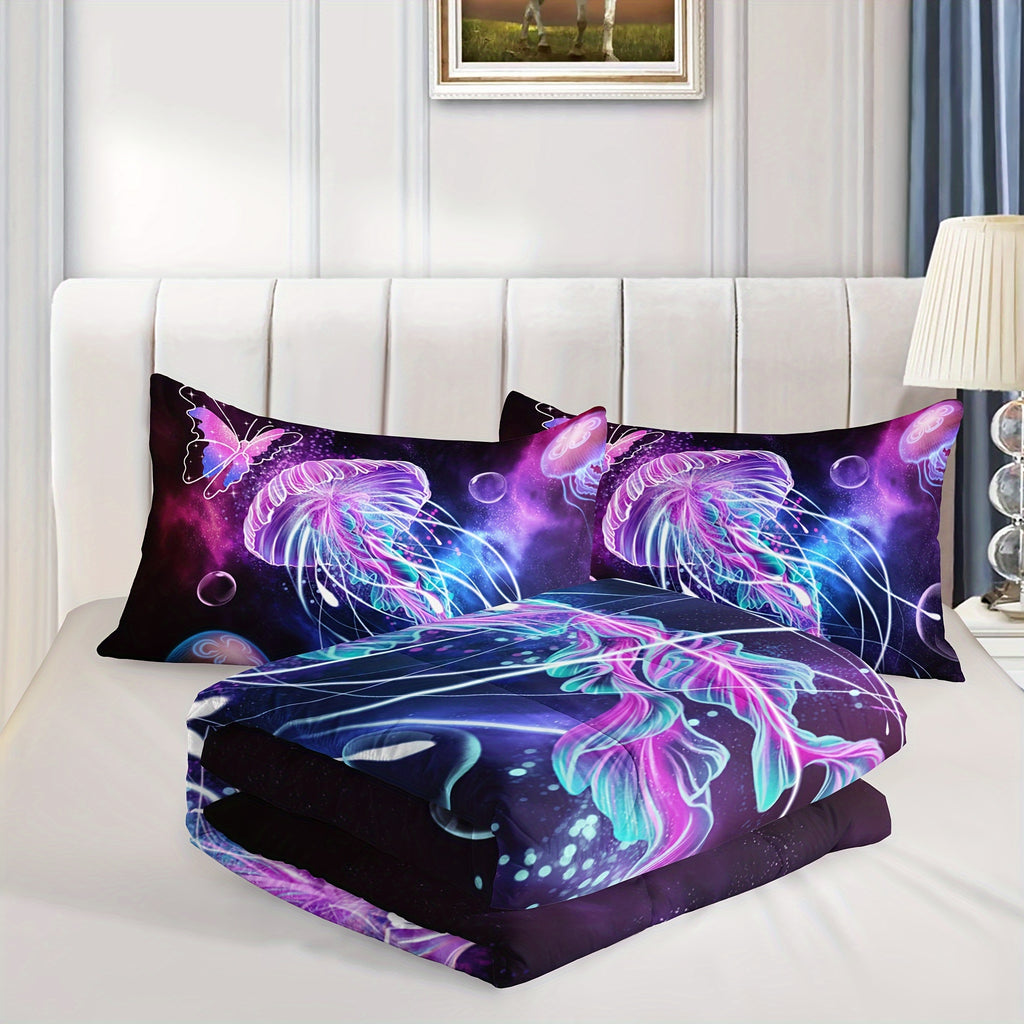 3Pcs Modern Fashion Polyester Comforter Set (1 * Comforter + 2 * Pillowcases, Not Including Pillow Core), Ocean Theme Universe Starry Sky Jellyfish Print Bedding Set, Soft And Comfortable Skin-friendly Comforter For Bedroom, Guest Room.