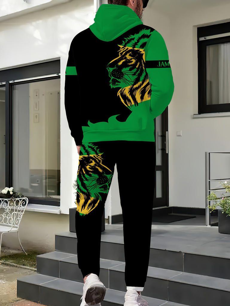 Men's Lion Print Hoodie & Joggers Set - Casual Polyester Outfit for Fall/Winter, Machine Washable