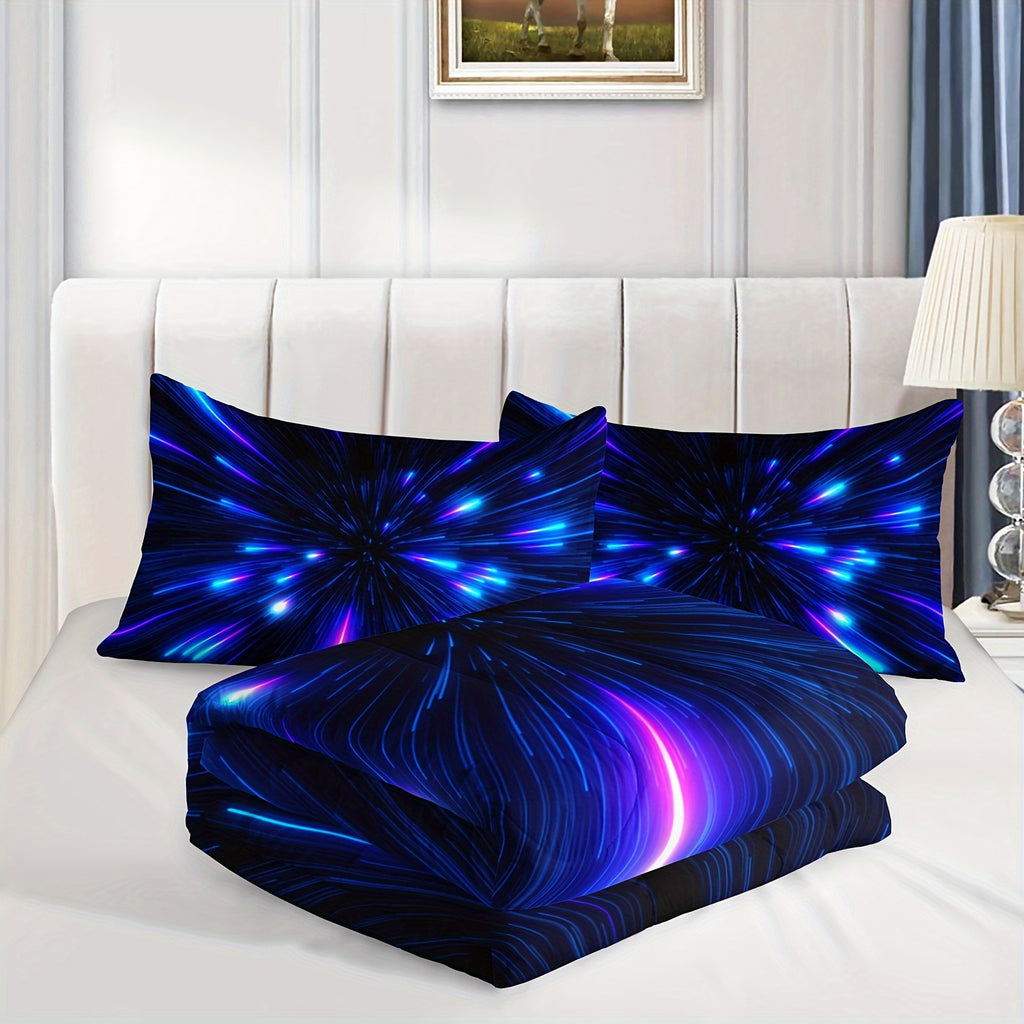 Abstract Lines 3D Quilt Set, Stars Meteor Galaxy Bed Comforter Set, Blue Bedding Set, Soft Lightweight Bed Comforter Set, 1 Comforter And 2 Pillowcases