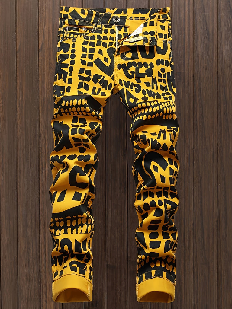 Plus Size Men's Graffiti Printed Slim Jeans, Streetwear Hip Hop Denim Pant, Casual Straight Jeans Trousers