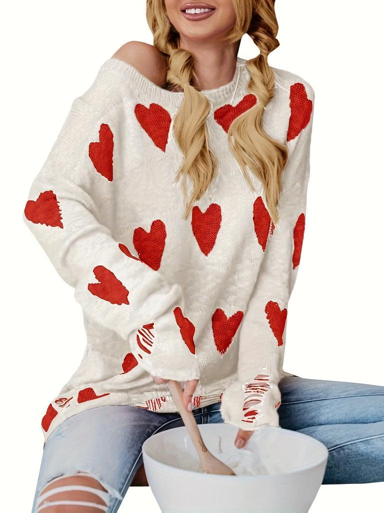 Women's Off-the-shoulder Knitted Pullover Sweater Loose Long Sleeve Heart-shaped Printed Ripped Top