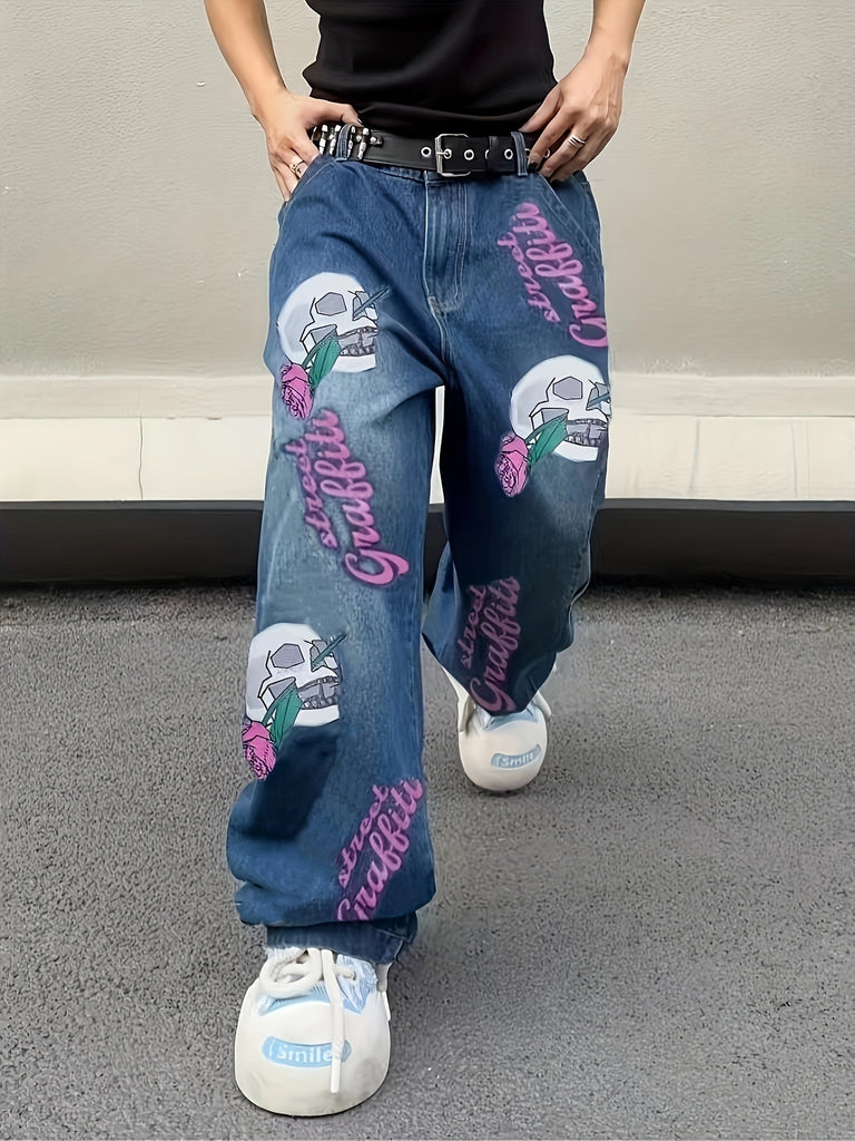 Fashion Skull & Rose Print, Men's Loose Fit Wide Leg Jeans, Men's Stylish Comfy Denim Pants, Street Style Fashion