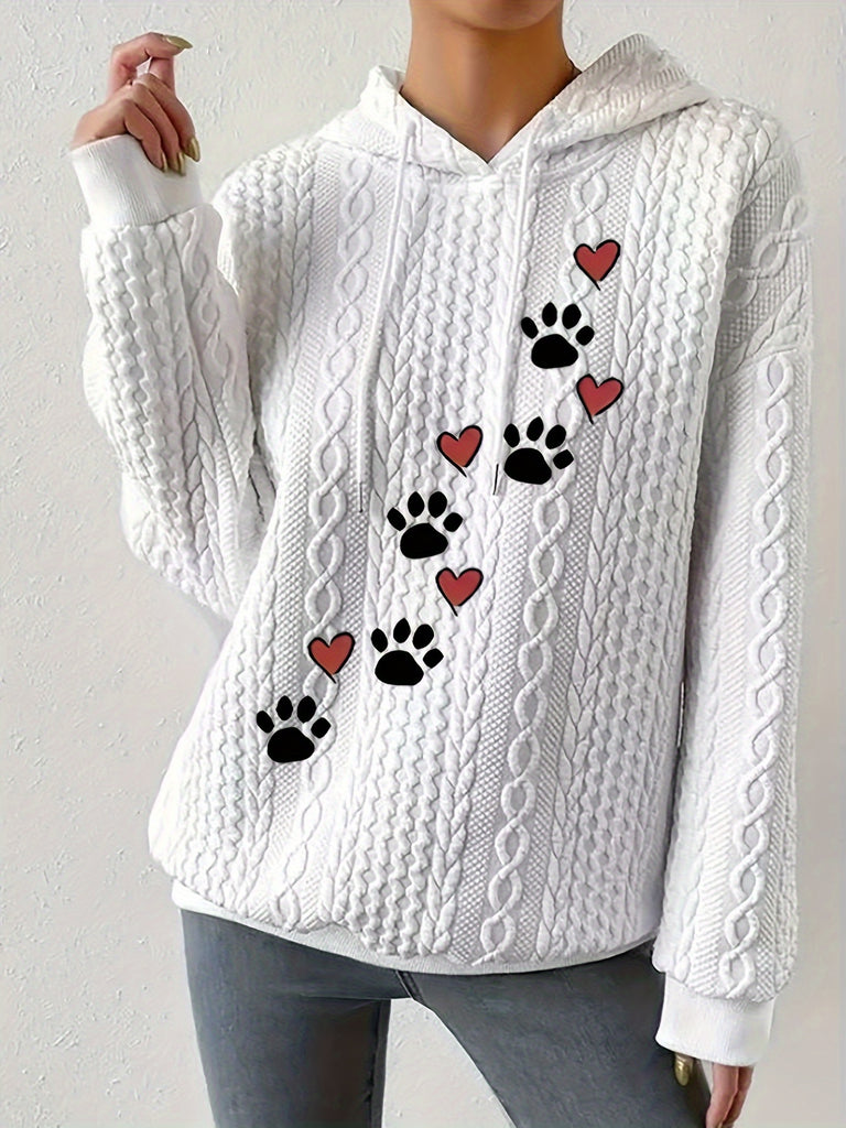 Dog Paw Prints, Heart Prints Long Sleeved Rope Cute Pullover Hoodie