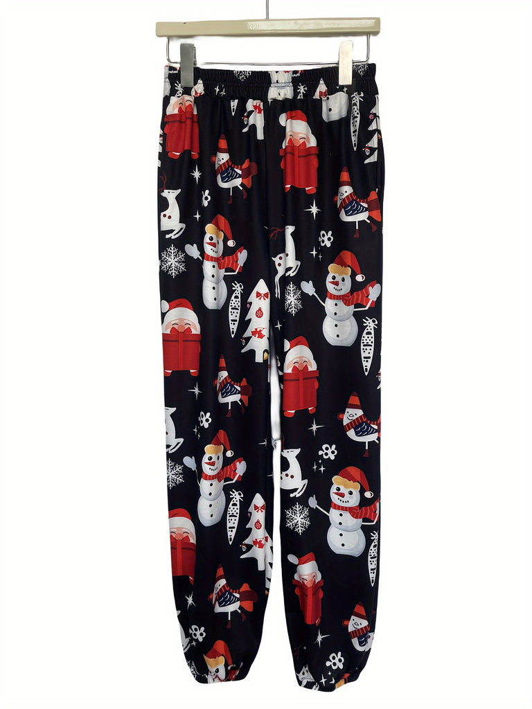 Cozy Christmas Reindeer Print Women's Jogger Pants, Elastic Waist Loose Fit with Pocket, Casual Holiday Wear