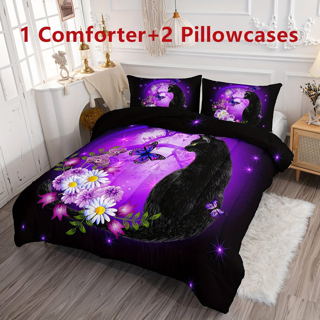 3pcs Purple Cartoon Cat Print Comforter Set, Daisy Butterflies Printed Soft Comfortable Comfortable Bedding Set, For Bedroom Guest Room Dorm (1*Comforter + 2*Pillowcase, Without Core)